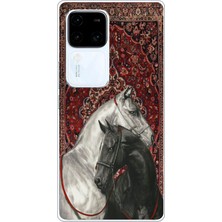 TechTree Vivo V30 Uyumlu Geleneksel Halı Motifli Siyah Beyaz At Baskılı Silikon Kılıf