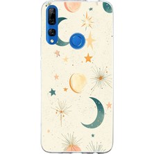 TechTree Honor 9x Uyumlu Krem Zeminli Ay ve Yıldız Baskılı Silikon Kılıf