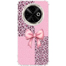 TechTree Tecno Spark 30C Uyumlu Pembe Leopar Desenli ve Kurdele Baskılı Silikon Kılıf