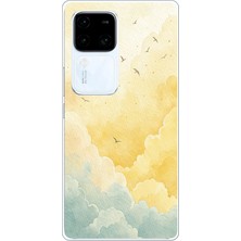 TechTree Vivo V30 Uyumlu Sarı ve Yeşil Tonlu Bulut ve Kuşlar Baskılı Silikon Kılıf