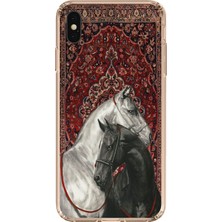TechTree iPhone Xs Max Uyumlu Geleneksel Halı Motifli Siyah Beyaz At Baskılı Silikon Kılıf