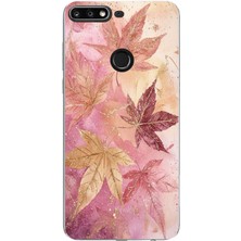 TechTree Huawei Y7 2018 - Honor 7c Uyumlu Pembe ve Bordo Tonlu Yaprak Baskılı Silikon Kılıf