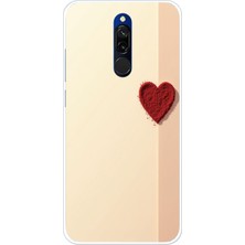 TechTree Redmi 8 Uyumlu Krem Zeminli Kırmızı Kalp Baskılı Silikon Kılıf