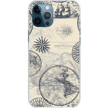 TechTree iPhone 12 Pro Max Uyumlu Vintage Dünya Haritası ve Pusula Baskılı Silikon Kılıf