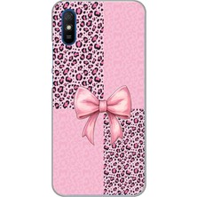 TechTree Redmi 9A Uyumlu Pembe Leopar Desenli ve Kurdele Baskılı Silikon Kılıf