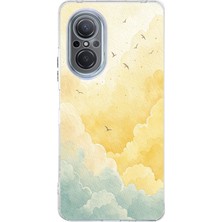 TechTree Huawei Nova 9 Se Uyumlu Sarı ve Yeşil Tonlu Bulut ve Kuşlar Baskılı Silikon Kılıf