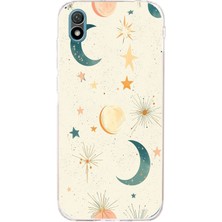 TechTree Huawei Y5 2019 - Honor 8s Uyumlu Krem Zeminli Ay ve Yıldız Baskılı Silikon Kılıf