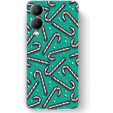 TechTree Vivo Y17S Uyumlu Yılbaşı Ruhu Baston Şeker ve Kar Taneli Baskılı Silikon Kılıf