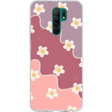 TechTree Redmi 9 Uyumlu Gül Kurusu ve Lila Tonlu Dalgalı Papatya Baskılı Silikon Kılıf