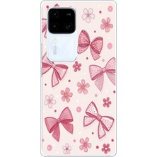 TechTree Vivo V30 Uyumlu Pembe Fiyonk, Çiçek ve Puantiye Baskılı Silikon Kılıf