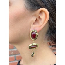 Nunu Takı Bordo Kahve Taşlı Sarkıt Küpe