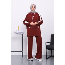 İmaj Butik Bordo Kapüşonlu Renk Bloklu Tunik Pantolonlu Takım