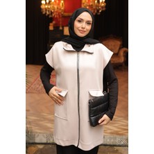 İmaj Butik Bej Yakası Ve Beli Stoper Lastikli Cepli Scuba Yelek