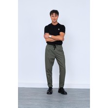 Koyu Haki Önü Düğmeli Beli Lastikli Yünlü Jogger