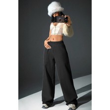 BSBSPOR Kadın Kışlık Lastikli Paça Jogger Eşofman Altı Pamuk-Polyester Gri/Siyah Rahat Kullanım