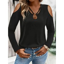 Kolleksa Kadın Omuzlardan Açık Uzun Kollu Yakadan Halka şerit Detaylı Viskon Bluz