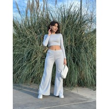 StockMount Gri Uzun Kollu Crop ve Bol Paça Pantolon Kaşkorse Kumaş Alt Üst Takım