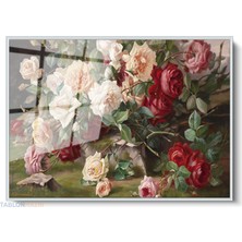 Tablonhazır Çerçeveli Yatay Cam Tablo Salon Duvar Tablosu Yatay Cam Pembe Kirmizi Guller Ofis Tablosu