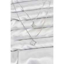 Skygo Pirinç Gümüş Renk Yonca Model 2'li Kadın Kolye - TJ-BKO10802