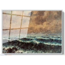 Tablonhazır Çerçeveli Yatay Cam Tablo Salon Duvar Tablosu Yatay Cam Klasik Dalgali Sahil Ofis Tablosu