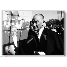 Tablonhazır Çerçeveli Yatay Cam Tablo Salon Duvar Tablosu Yatay Cam Ataturk ve Halk 2 Ofis Tablosu