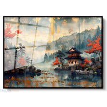 Tablonhazır Çerçeveli Yatay Cam Tablo Salon Duvar Tablosu Yatay Cam Japon Klasik Manzara Ofis Tablosu