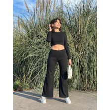 StockMount Siyah Uzun Kollu Crop ve Bol Paça Pantolon Kaşkorse Kumaş Alt Üst Takım