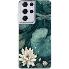 TechTree Samsung Galaxy S21 Ultra Uyumlu Yeşil Yapraklı Nilüfer ve Yusufçuk Baskılı Silikon Kılıf