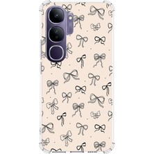TechTree Vivo V40 Lite Uyumlu Siyah Fiyonk Desenli Krem Rengi Baskılı Silikon Kılıf