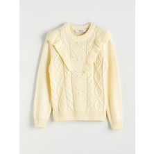 LC Waikiki Lcw Eco Ekru Bisiklet Yaka Fırfır Detaylı Kız Çocuk Triko Kazak