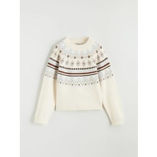 LC Waikiki Lcw Kids Bej Bisiklet Yaka Desenli Kız Çocuk Triko Kazak