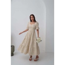 Faylora Bej Süs Düğmeli Balon Kollu Elbise