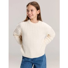 LC Waikiki Lcw Kids Ekru Bisiklet Yaka Saç Örgüsü Desenli Kız Çocuk Triko Kazak