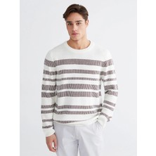 LC Waikiki Lcwaıkıkı Classic Ekru Bisiklet Yaka Çizgili Erkek Triko Kazak