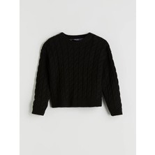 LC Waikiki Lcw Eco Siyah Bisiklet Yaka Kız Çocuk Triko Kazak