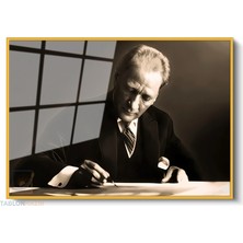 Tablonhazır Çerçeveli Yatay Cam Tablo Salon Duvar Tablosu Yatay Cam Ataturk Yazi Yazarken Ofis Tablosu