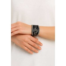 Herşey Nota Gerçek Deri Sol Anahtar Bileklik – Siyah Beyaz Şık Hediyelik