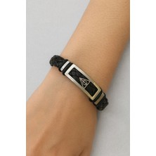 Herşey Nota Pentagram Figürlü Unisex Örme Deri Bileklik – Paslanmaz Çelik Detaylı Gotik Tasarım