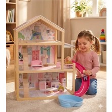 3 Katlı Ahşap Bebek Evi Seti, Eşyalı, Insan Figürlü, Kaydıraklı ve Havuzlu