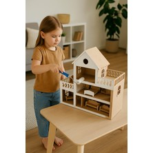 3 Katlı Ahşap Bebek Evi, 15 Parça Mobilya, Montessori Tarzı Oyun Evi