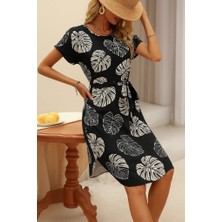 Balmior Kadın Kısa Kollu Bisiklet Yaka Desenli Kuşaklı Örme Krep Midi Elbise