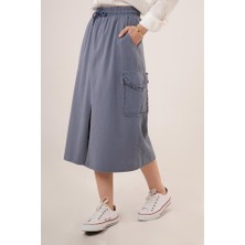 Balmior Ön Yırtmaçlı Cep Detaylı Indigo Etek