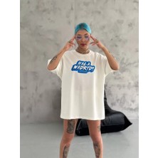 Balmior Unisex Bisiklet Yaka Baskılı Oversize T-Shirt - Beyaz