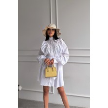 Balmior Önden Düğmeli Poplin Kloş Elbise Bağlama Kemer Detaylı - Beyaz