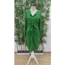 Balmior Kadın Uzun Kollu Önden Düğmeli Beli Kuşaklı Aerobin Midi Elbise