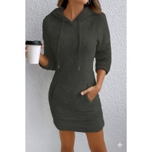 Balmior Kadın Uzun Kollu Kapşonlu Cepli Mini Peluş Elbise