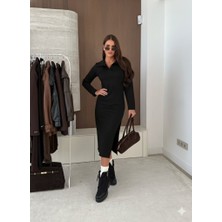 Balmior Kadın Uzun Kollu Yakalı Yandan Yırtmaçlı Midi Modal Elbise