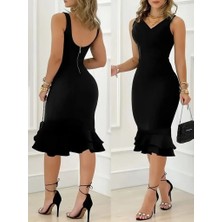 Balmior Kadın Askılı V Yaka Arkadan Fermuarlı Dalgıç Elbise