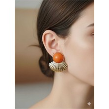 Cadde Dükkanı Çelik Istiridye Desenli Küpe Turuncu Doğal Taşlı