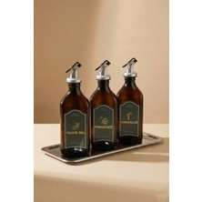 Frolde Çelik Stantlı Amber Zeytinyağı Sıvıyağ Sirke Şişesi Yağdanlık Vintage Yassı 3lü Set